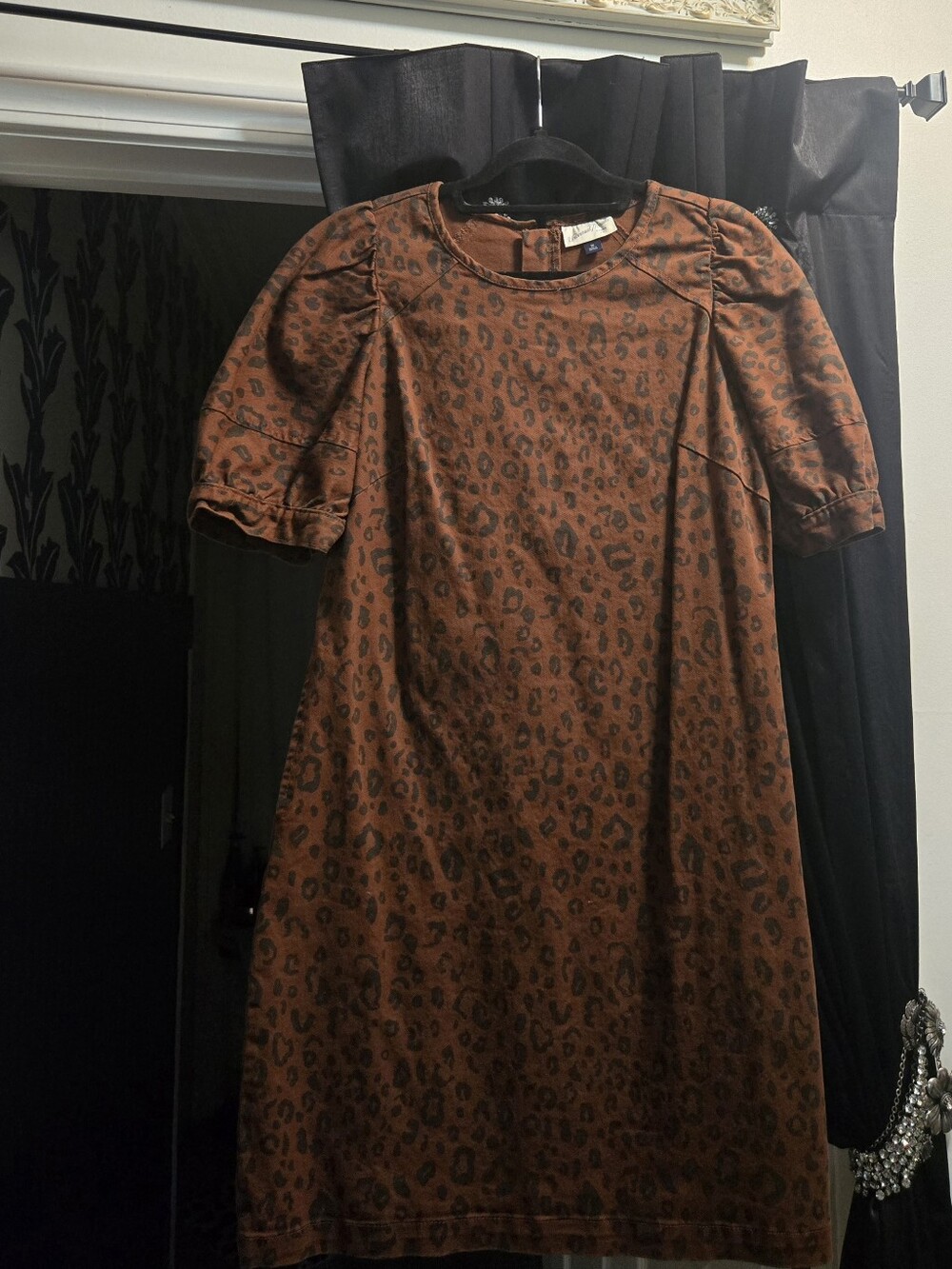 Rust Denim Leopard Print Puff Sleeve Dress Sz 10